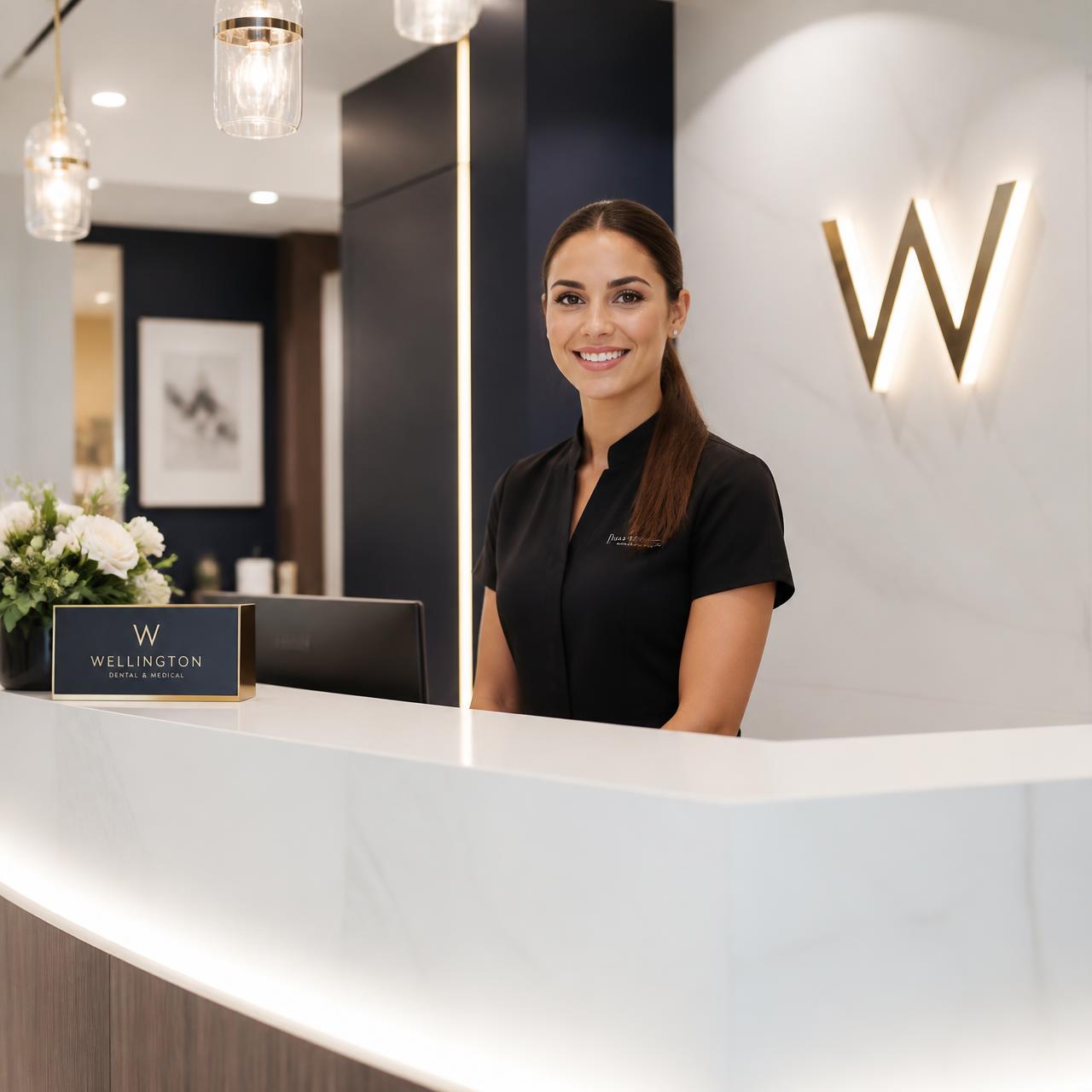 Recepção premium de uma clínica moderna com atendente sorrindo